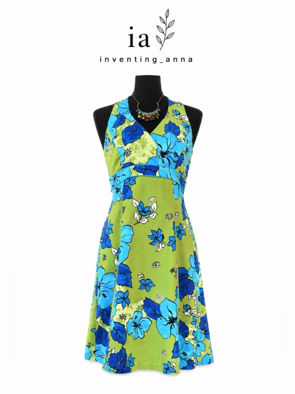 OMBRÉ Green Blue White Floral A-Line Halter Dress w/Iridescent Button Closure